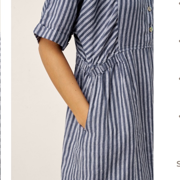 100% Linen Striped Buttoned Front Short Sleeve Midi Shirt Dress CASSANDRA - Picture 2 of 8